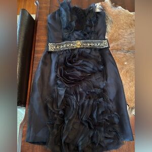 Monique Lhullier Black Strapless Dress with Embellished Belt